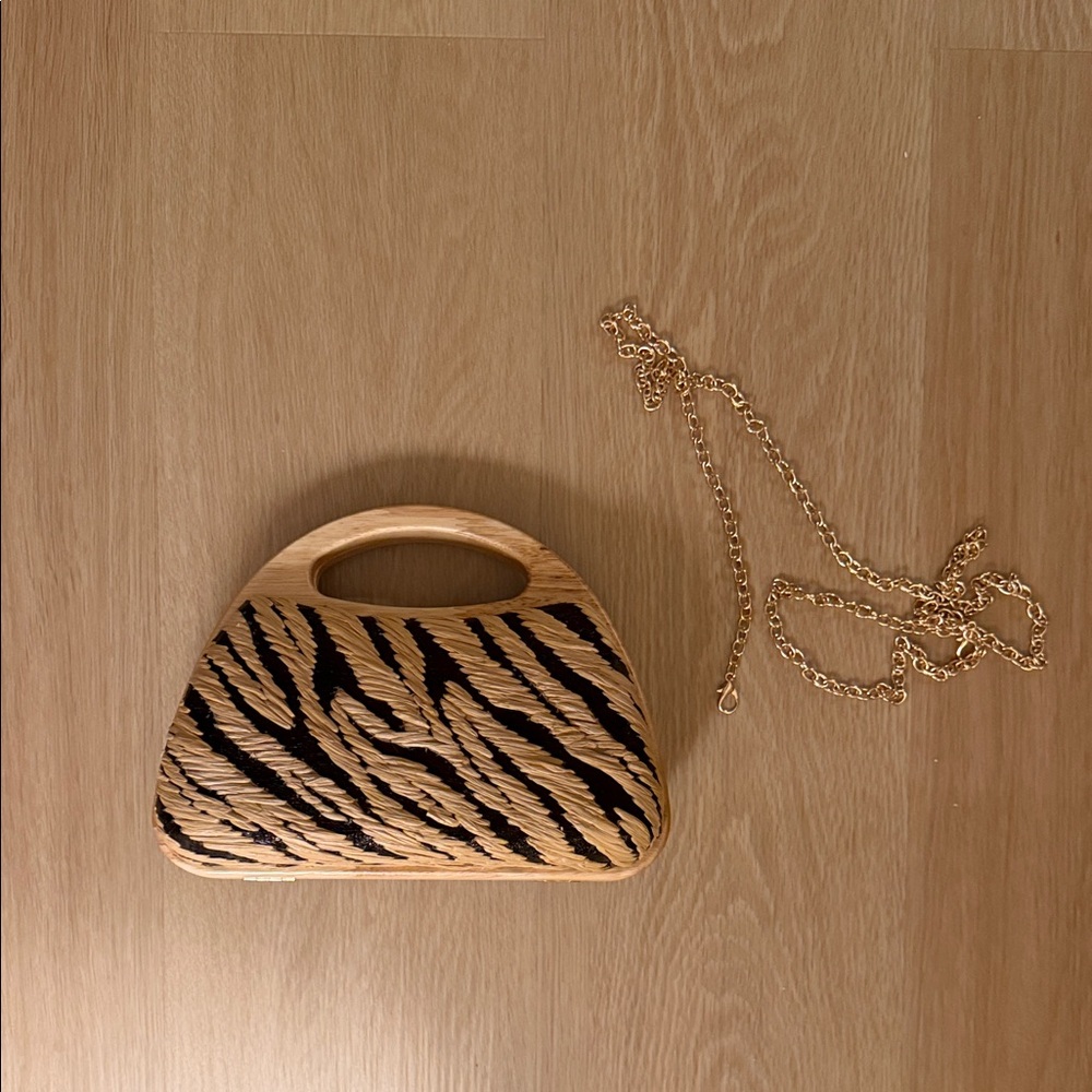 Dolce Vita Black and Tan Woven Clutch with Gold Chain